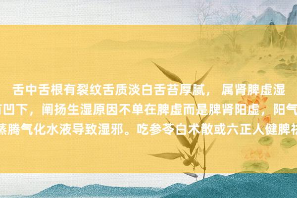 舌中舌根有裂纹舌质淡白舌苔厚腻， 属肾脾虚湿盛， 属痰湿而舌根又有凹下，阐扬生湿原因不单在脾虚而是脾肾阳虚，阳气不及无法蒸腾气化水液导致湿邪。吃参苓白术散或六正人健脾祛湿根底没用，补气血温肾阳才最要紧